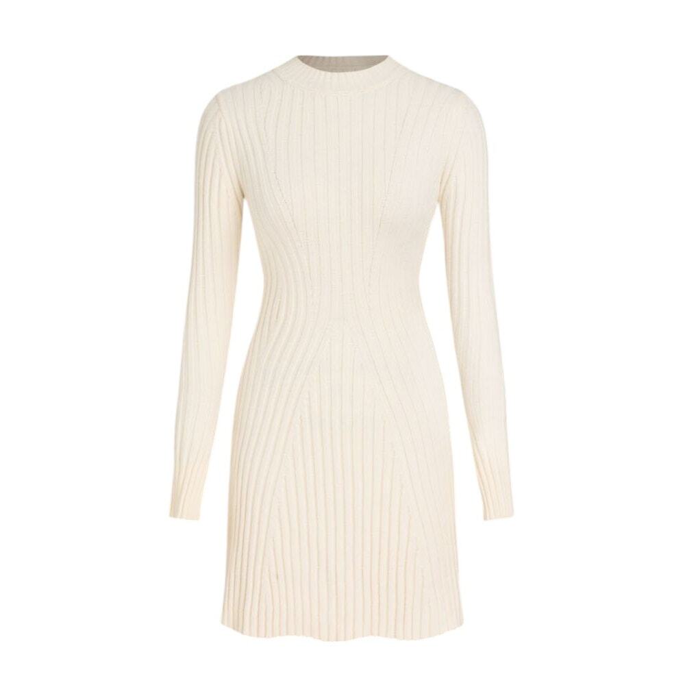 Cider Ribbed Round Neck Ruffle Stretch Cream Mini Dress Women's Size 10